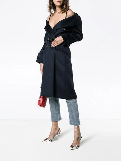 Shop Prada Cashgora Blend Belted Coat - Blue