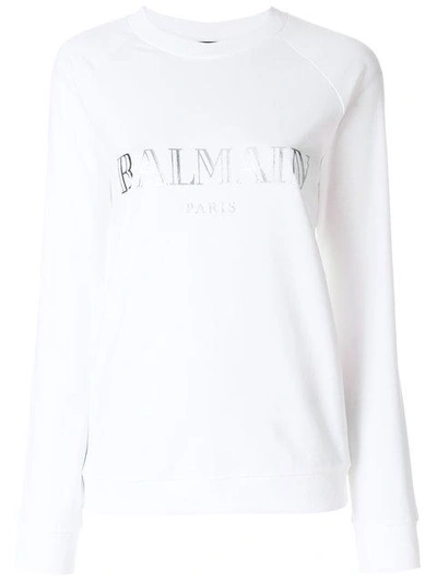 Shop Balmain Printed Logo Sweatshirt - White