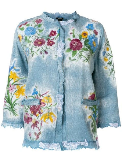 Shop Avant Toi Embroidered Raw Edge Denim Jacket - Blue