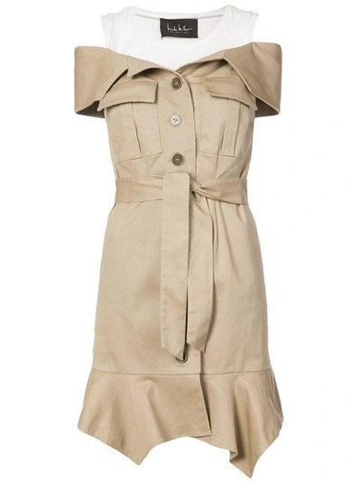 Shop Nicole Miller Off-the-shoulder Button Dress In Brown