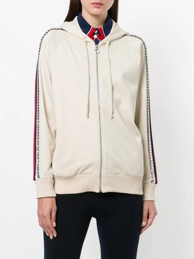 Shop Gucci Cream Crystal Stripe Zipped Sweatshirt In Neutrals