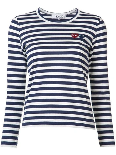 Shop Comme Des Garçons Play Striped Heart Logo T-shirt - Blue