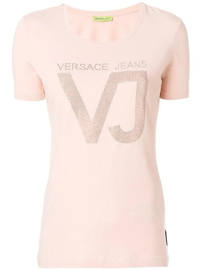 Shop Versace Jeans Embellished Logo T-shirt  In Pink & Purple