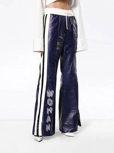 Shop Off-white High Waisted Flared Leather Track Pants - Blue