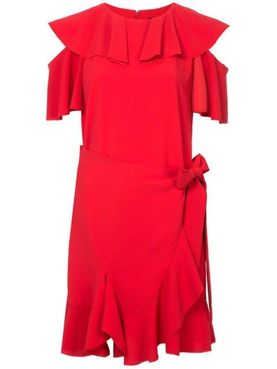 Shop Goen J Ruffle Trim Cold Shoulder Wrap Dress In Red