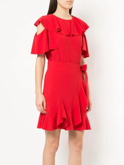 Shop Goen J Ruffle Trim Cold Shoulder Wrap Dress In Red