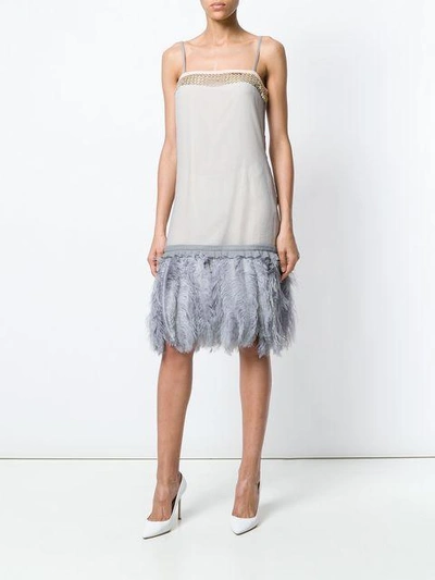 Shop Prada Ostrich Feather Trim Dress In Neutrals