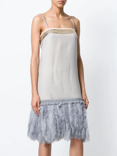 Shop Prada Ostrich Feather Trim Dress In Neutrals