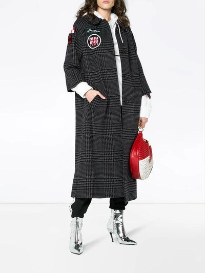 Shop Miu Miu Checked Coat With Embroidered Patches - Grey