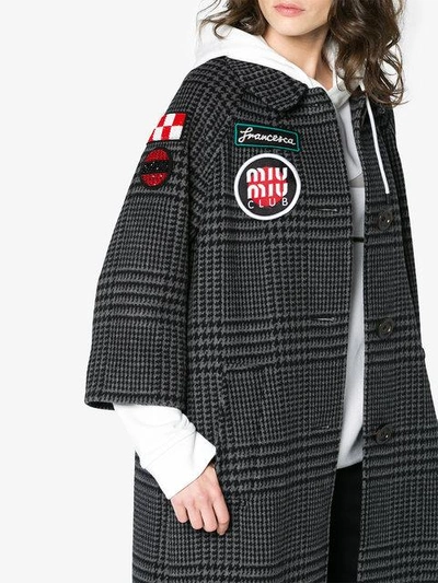 Shop Miu Miu Checked Coat With Embroidered Patches - Grey