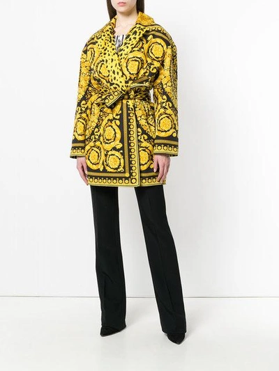 Shop Versace Baroque Print Wrap Coat In Yellow