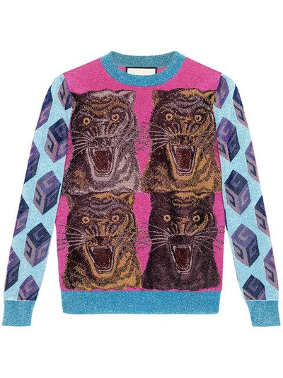 Shop Gucci Tiger Intarsia Viscose Lurex Sweater - Pink