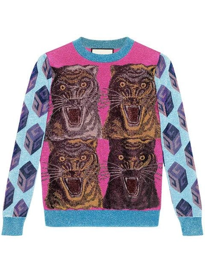 Gucci Tiger Intarsia Sweater - Blue Sweaters, Clothing - GUC299001