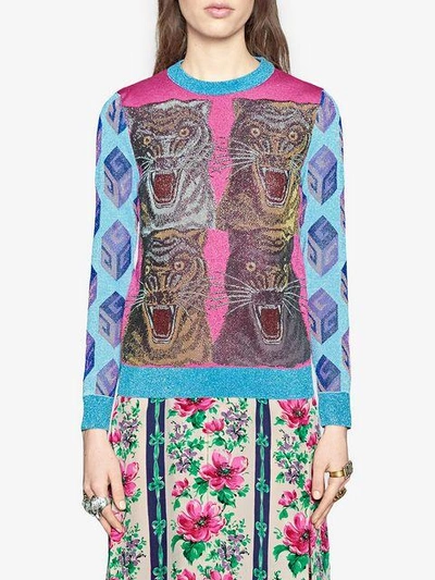 Shop Gucci Tiger Intarsia Viscose Lurex Sweater - Pink