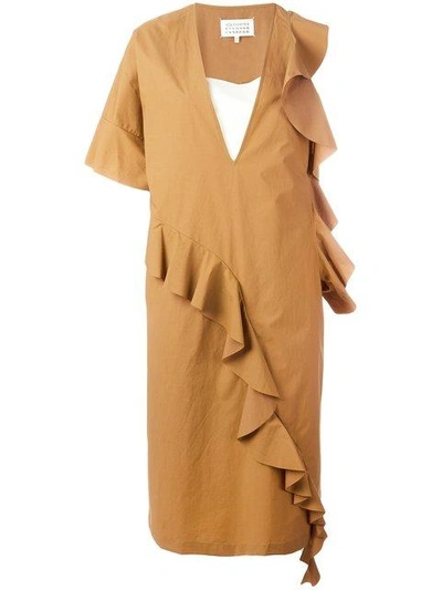 Shop Maison Margiela Ruffle Trim Asymmetric Dress In Brown