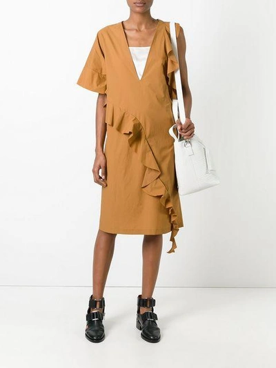 Shop Maison Margiela Ruffle Trim Asymmetric Dress In Brown