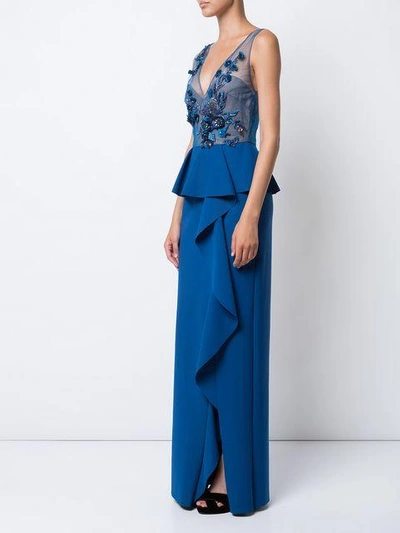 Shop Marchesa Notte Embroidered Sequined Column Gown In Blue