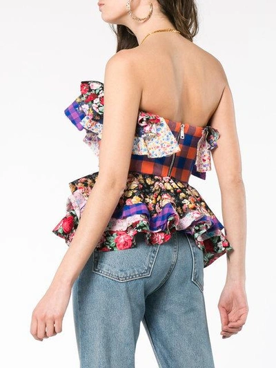 Shop Natasha Zinko Strapless Floral Check Print Ruffle Cotton Top In Multicolour