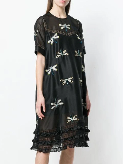 Shop Rochas Dragonfly Embroidered Peasant Dress In Black
