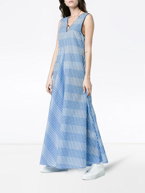Ganni Charron Checked Cotton-blend Seersucker Maxi Dress In Blue | ModeSens