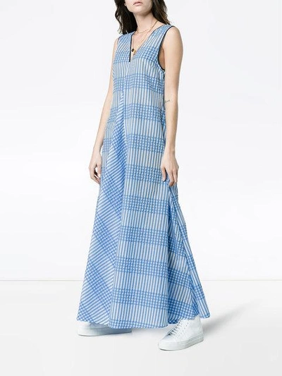 Shop Ganni Charron Sleeveless Seersucker Gingham Dress In Blue