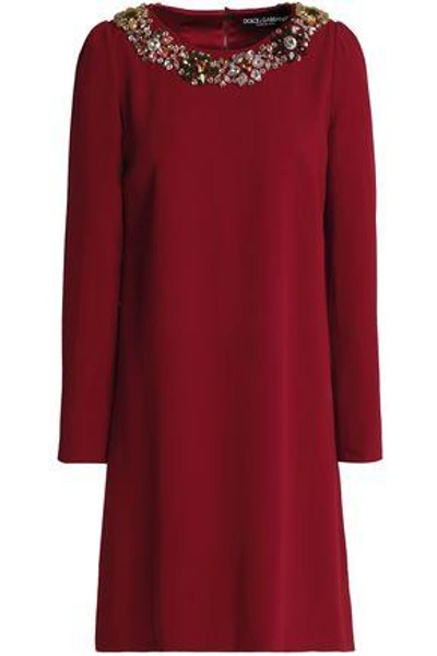 Shop Dolce & Gabbana Woman Embellished Crepe Dress Burgundy