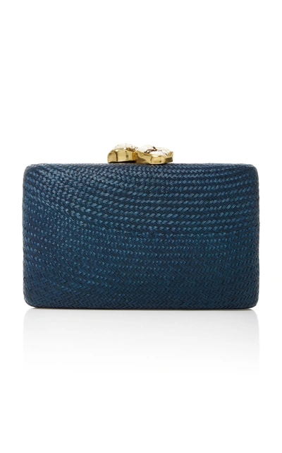 Shop Kayu Jen Embellished Woven Straw Clutch In Navy