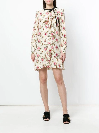 Shop Gucci Floral Print Frill Trim Dress - Neutrals