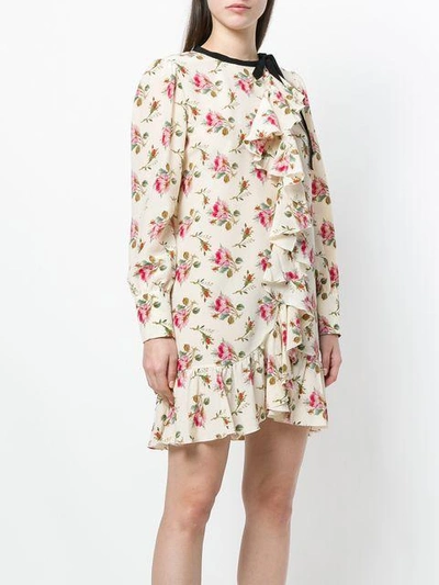 Shop Gucci Floral Print Frill Trim Dress - Neutrals