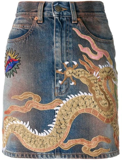 Shop Gucci Dragon Motif Denim Skirt In Blue