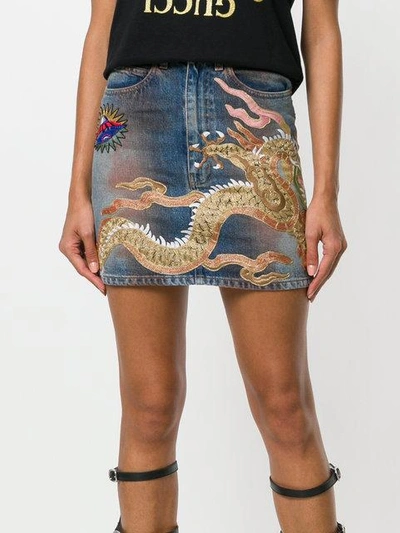 Shop Gucci Dragon Motif Denim Skirt In Blue