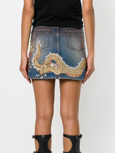 Shop Gucci Dragon Motif Denim Skirt In Blue