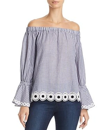 Shop T Tahari Delphine Embroidered Off-the-shoulder Blouse In Navy/white