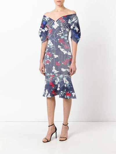 Shop Ferragamo Salvatore  Structured Ribbed Print Dress - Blue