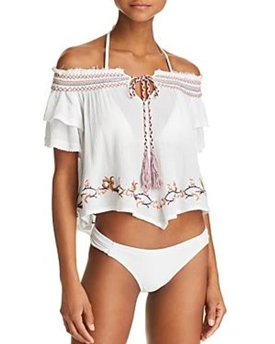 Shop Surf Gypsy Embroidered Off-the-shoulder Top Swim Cover-up In Ivory/multi