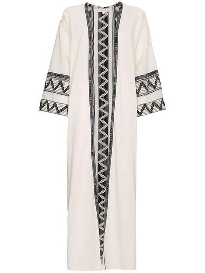 Shop Celia Dragouni Zig Zag Embroidered Cotton Kaftan Jacket In Neutrals