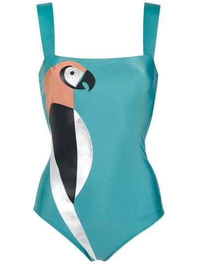 Shop Adriana Degreas Parrot Appliqué Swimsuit In Blue