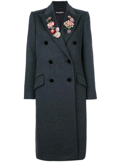 Shop Dolce & Gabbana Floral And Gem Detailed Double Breasted Coat - Grey