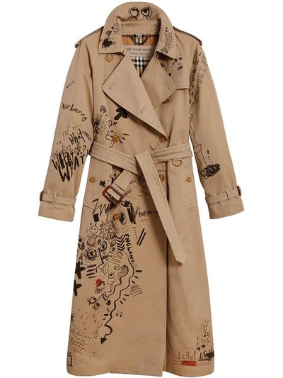 Burberry Sketch Print Cotton Gabardine Trench Coat In Brown | ModeSens