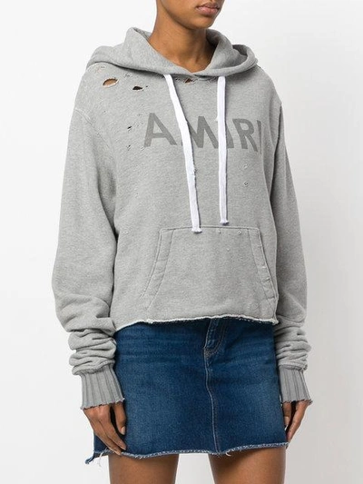 Shop Amiri Logo Print Cropped Hoodie In Grey
