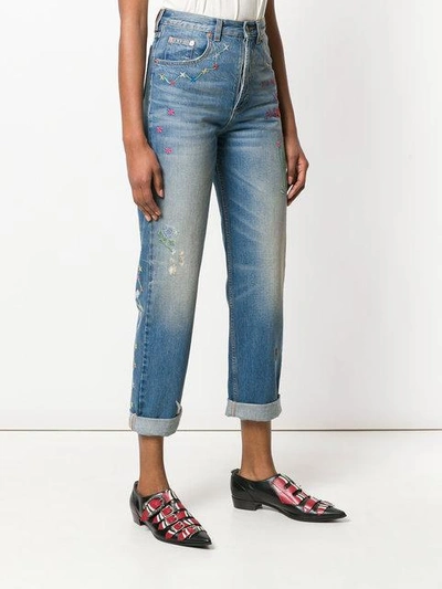 Shop Gucci Cropped Embroidered Jeans In Blue