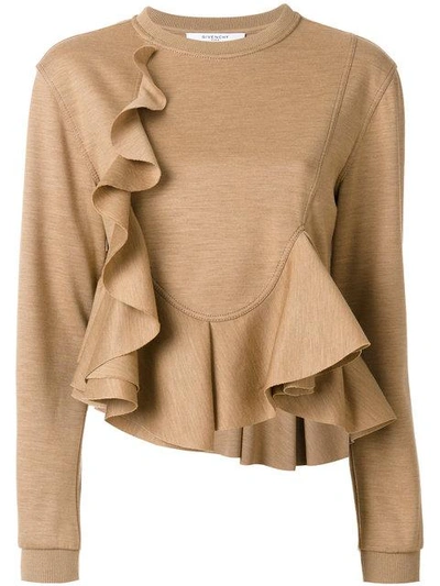 Shop Givenchy Frill Flared Knitted Top In Brown