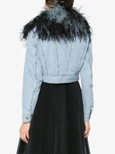 Shop Prada Cropped Denim Jacket With Feather Collar - Blue
