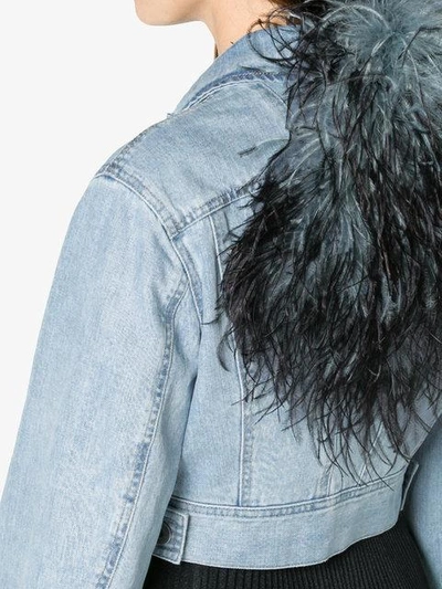 Shop Prada Cropped Denim Jacket With Feather Collar - Blue