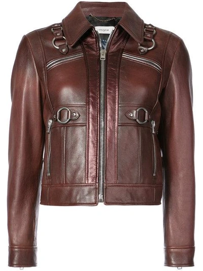 Shop Coach Harness Detail Leather Jacket In Brown