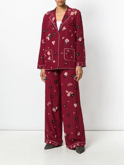 Shop Valentino Floral Embroidered Palazzo Pants In Red