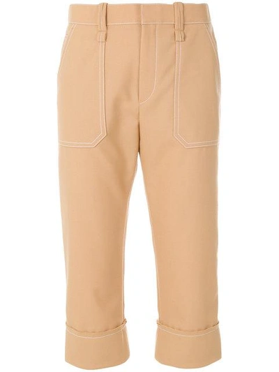 Shop Chloé Cropped Stitch Detail Trousers In Brown