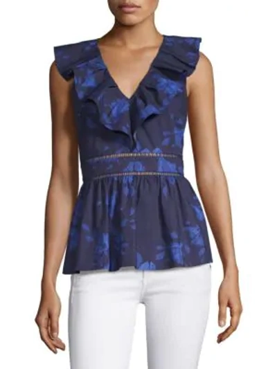 Shop Kate Spade Hibiscus Ruffle Neck Cotton Top In French Navy