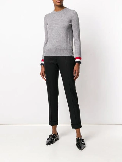 Shop Thom Browne Grosgrain-cuffed Fine Merino Wool Crew Neck Pullover In Grey