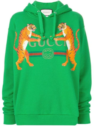 Shop Gucci Tiger Print  Logo Hoodie - Green